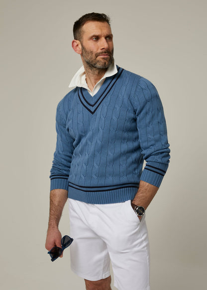 Sandridge Cable Knit Cricket Jumper In Airforce & Dark Navy