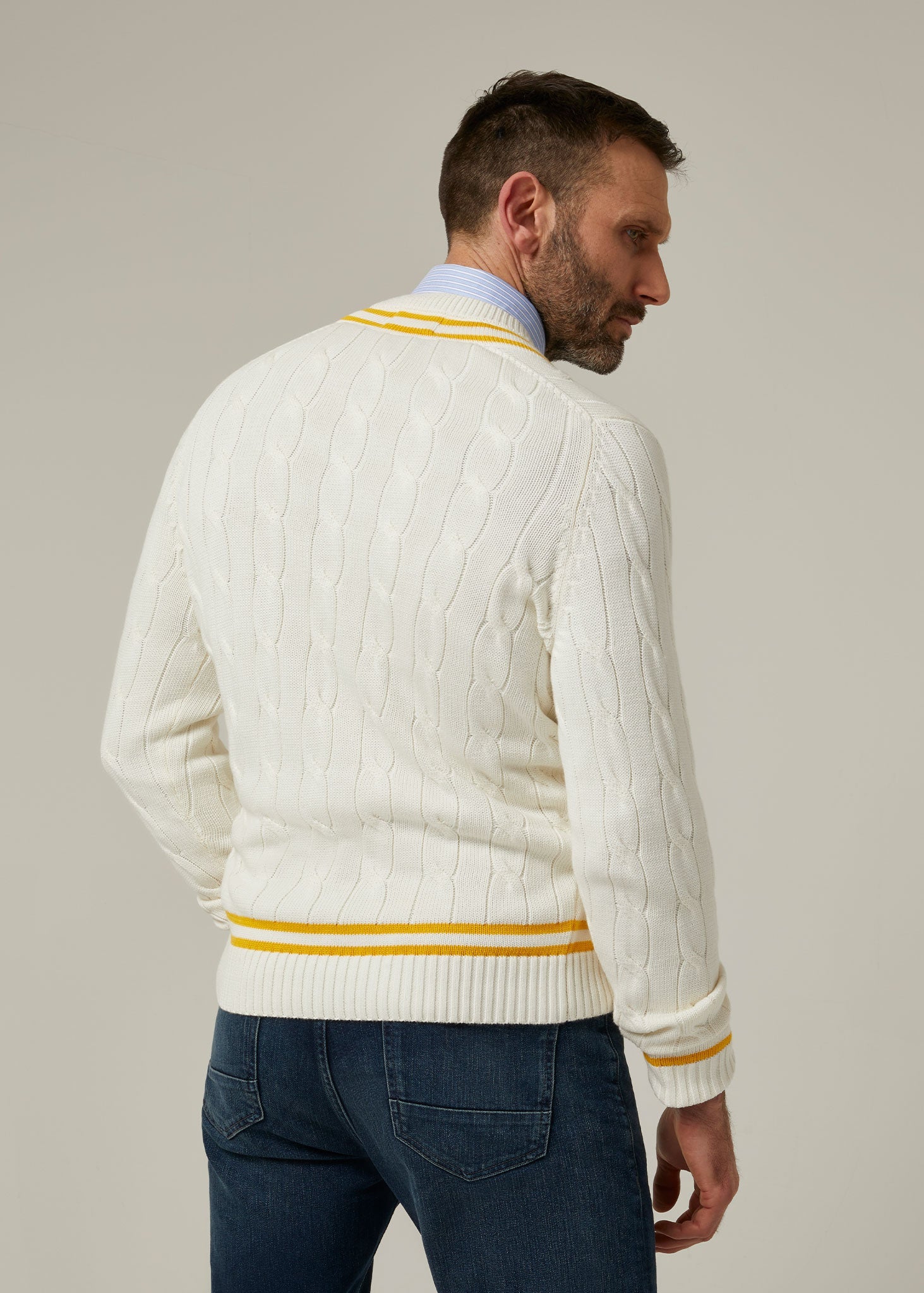 Sandridge Cable Knit Cricket Jumper In Ecru Gold