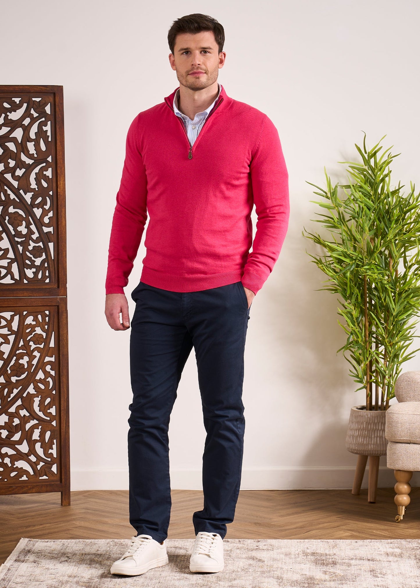 Cotton Cashmere 1/4 Zip Jumper In Raspberry