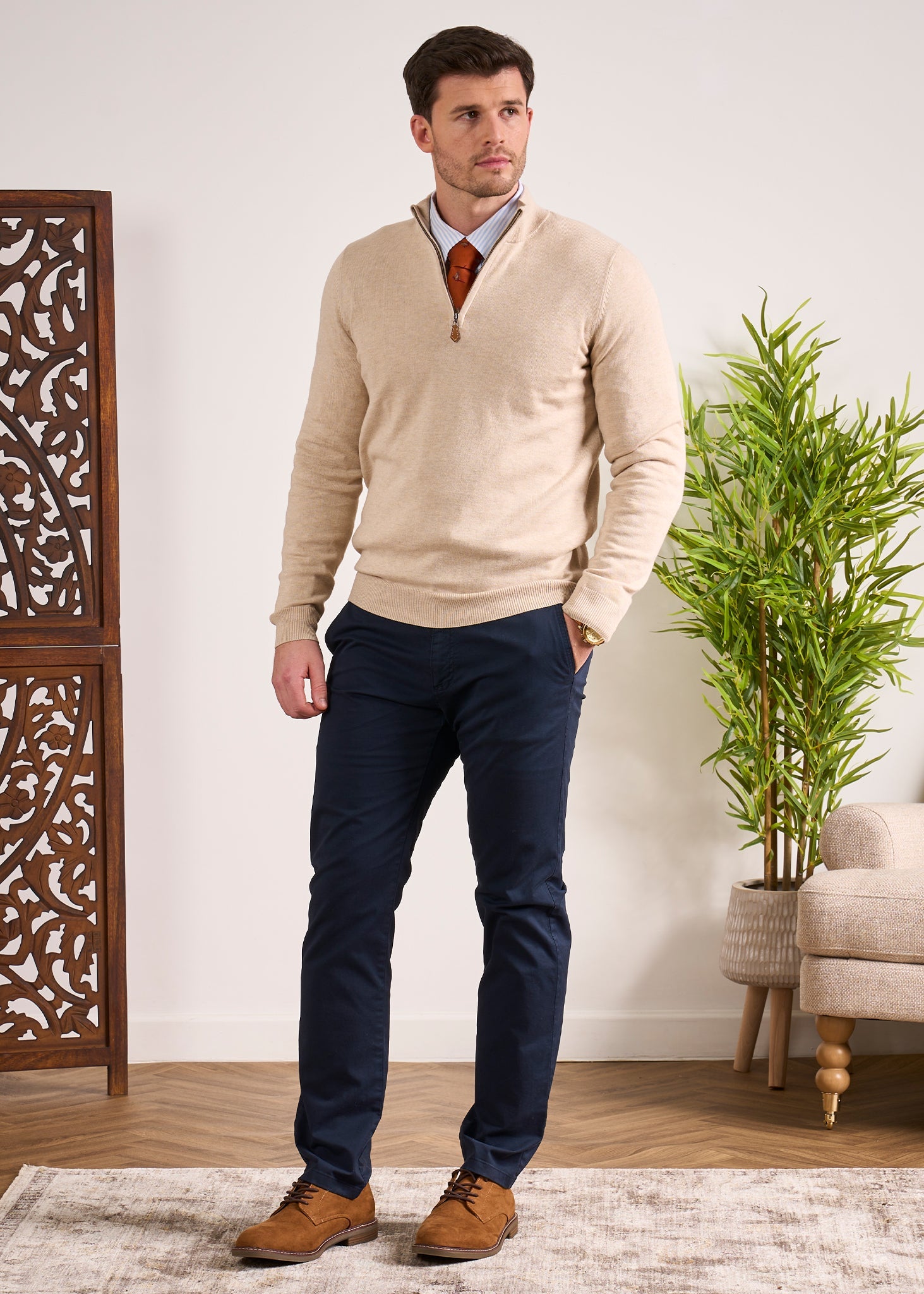 Cotton Cashmere 1/4 Zip Jumper In Sand