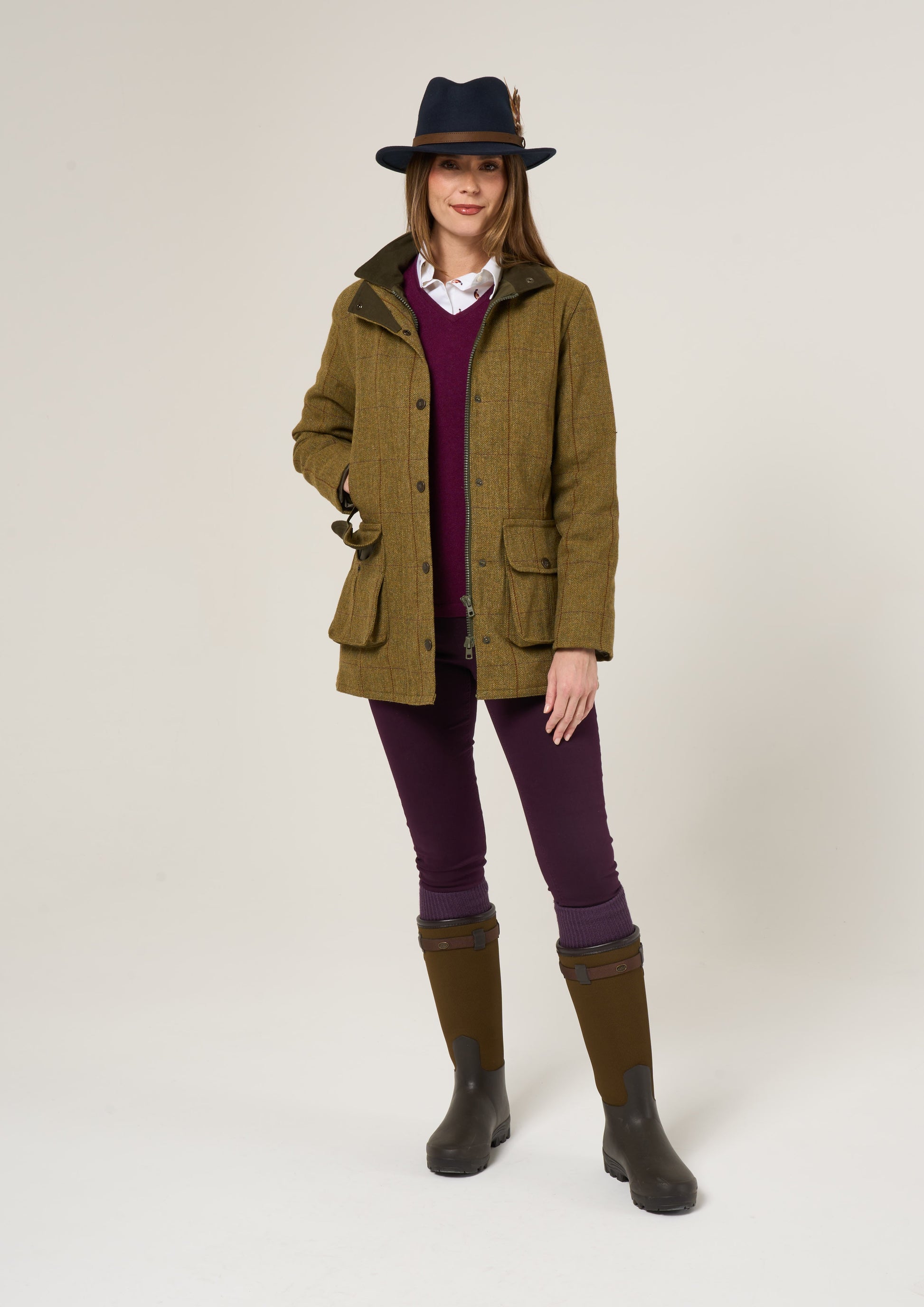 Rutland Ladies Tweed Waterproof Shooting Coat In Cypress