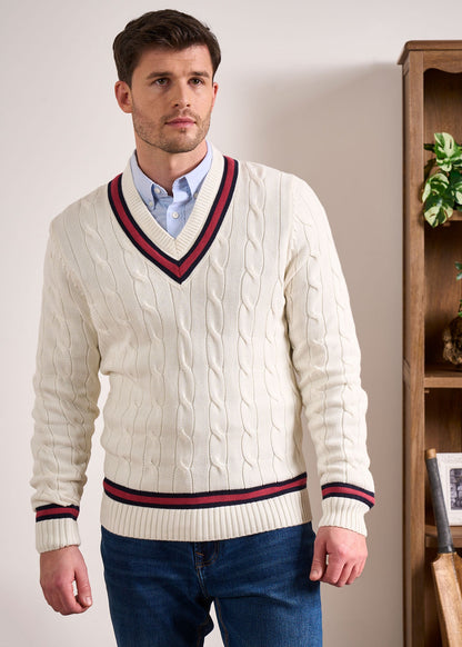 Sandridge Cable Knit Cricket Jumper In Ecru & Cherry