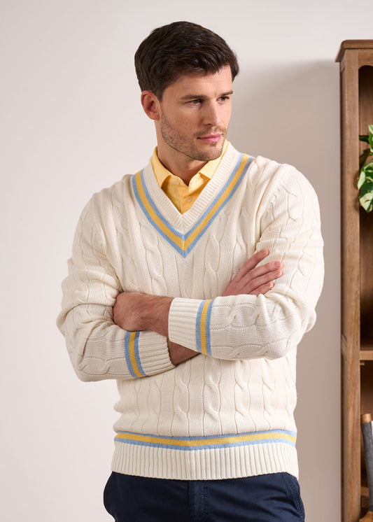 Sandridge Cable Knit Cricket Jumper In Ecru & Sun