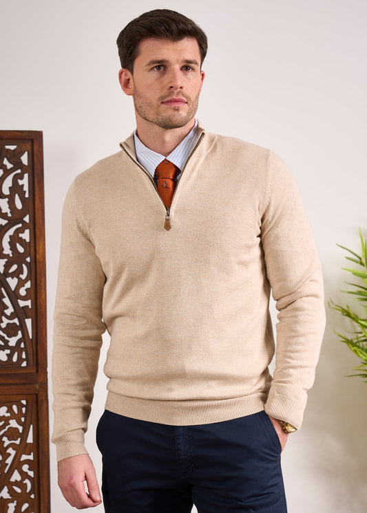 Cotton Cashmere 1/4 Zip Jumper In Sand