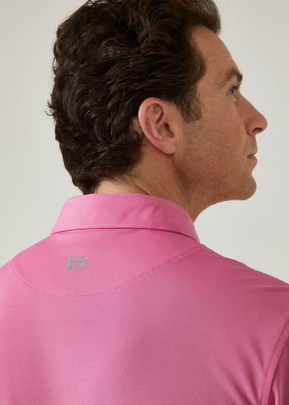 Men's 3 button polo shirt in carnation pink.