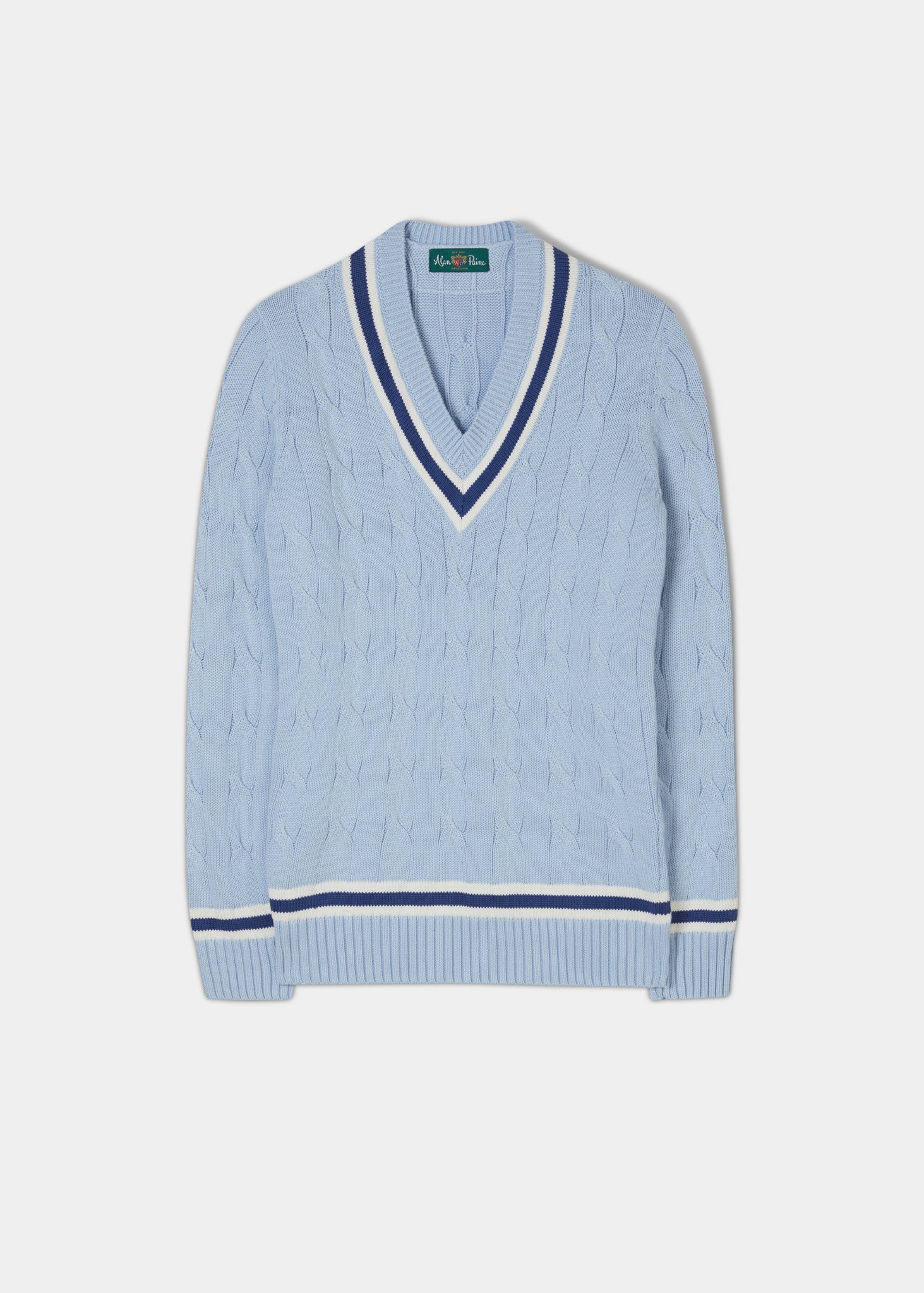 Ladies Vee Neck Cable Knit Cricket Jumper In Light Blue With French Navy Trim