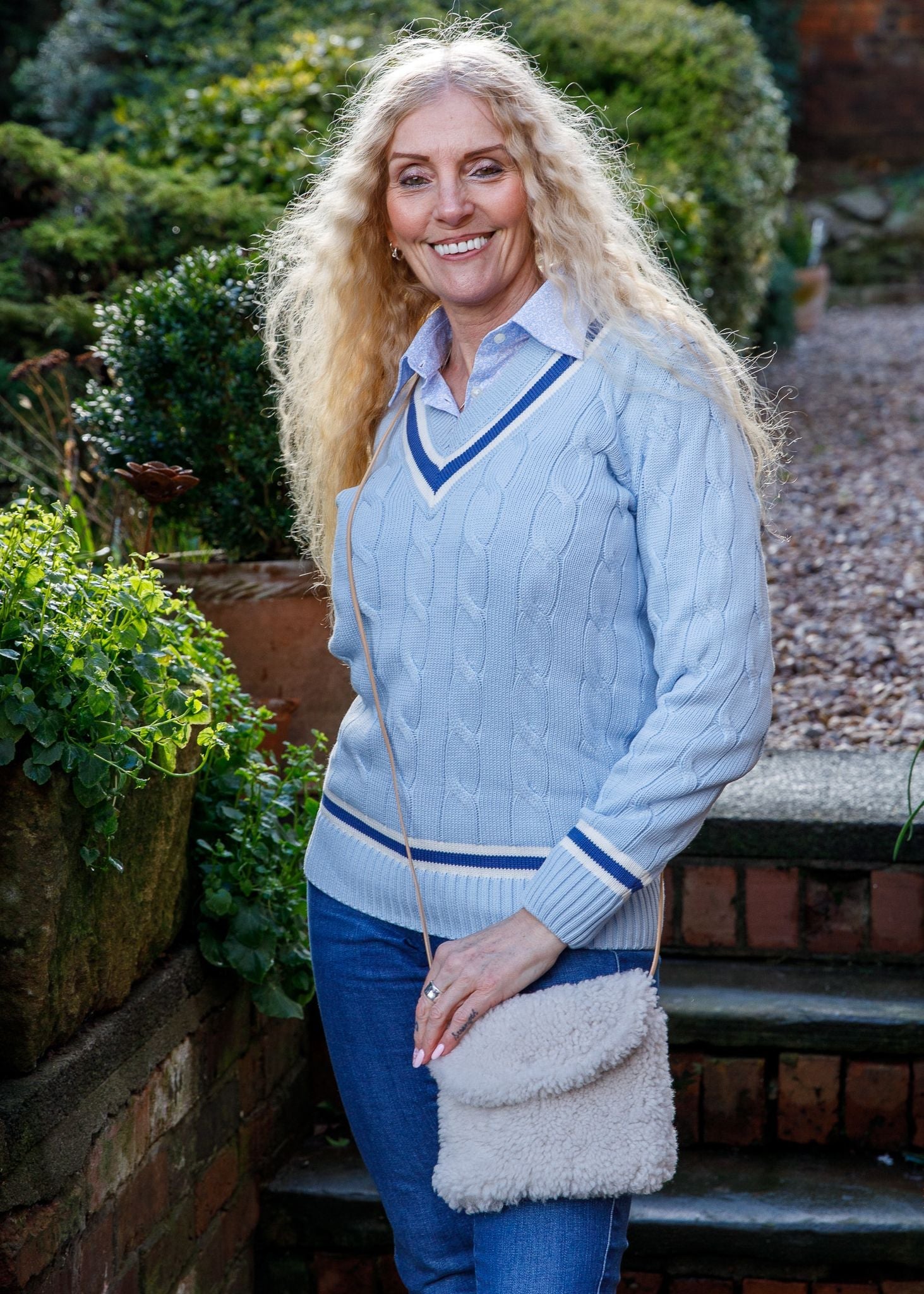 Ladies Cable Knit Cricket Jumper In Light Blue Alan Paine US